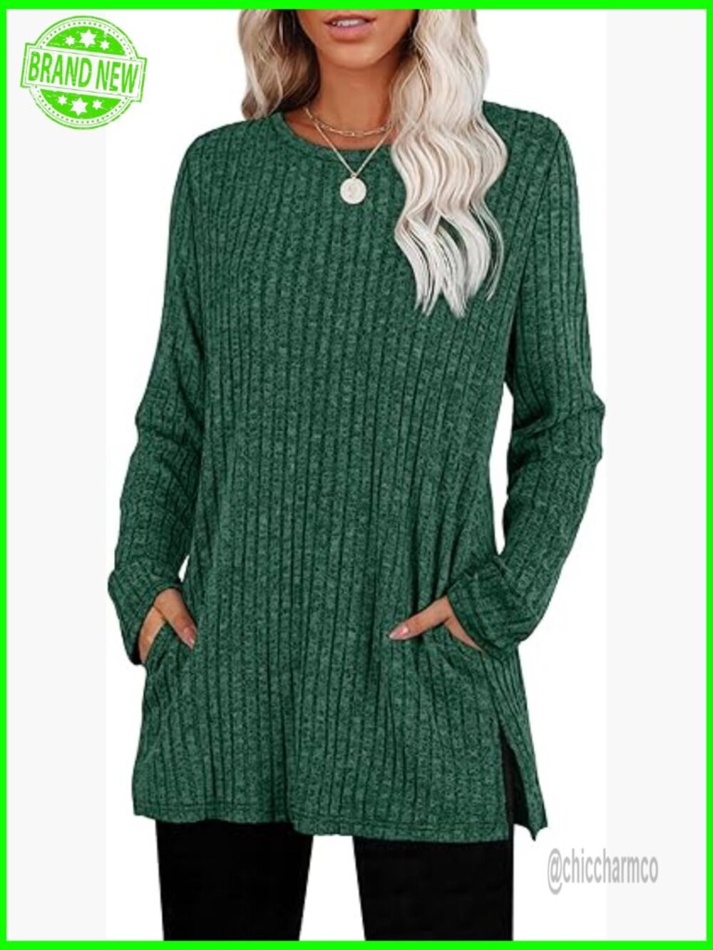 Crewneck Long Sleeve Tunic with Pockets Side Slit Lightweight Sweater